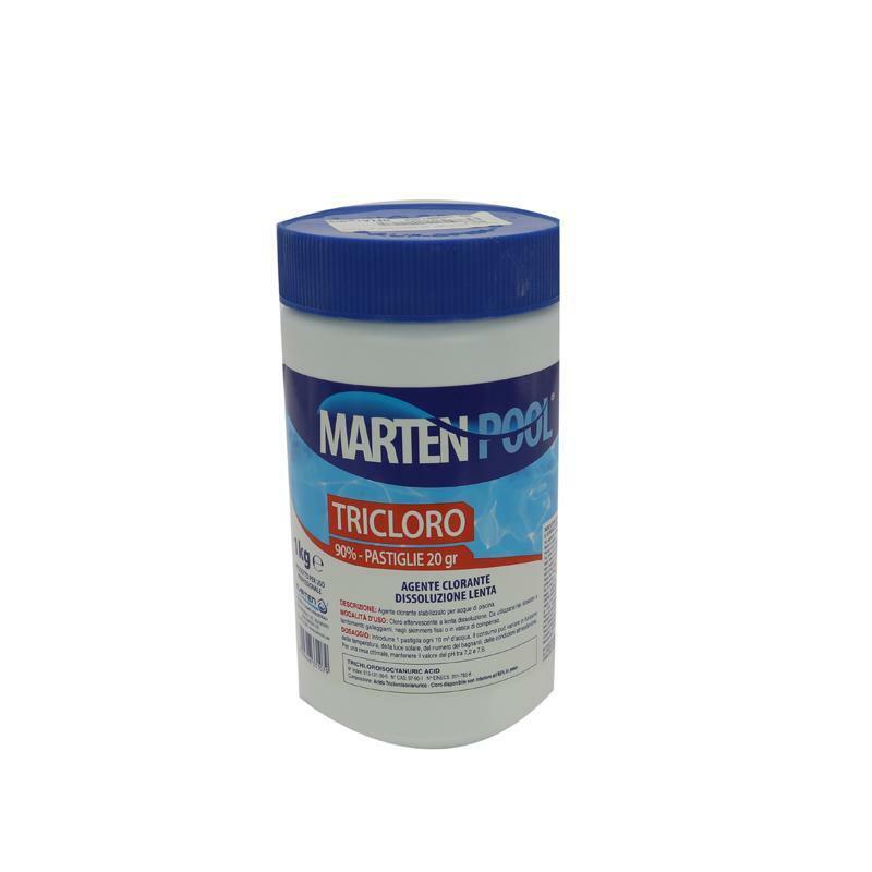 Pastiglie da 20 grammi di tricloro a lento rilascio - confezione da 1 kg - marca Marten
