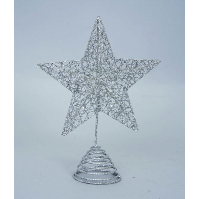 Puntale a stella   con glitter argento  e metallo   cm 18 x 15  h