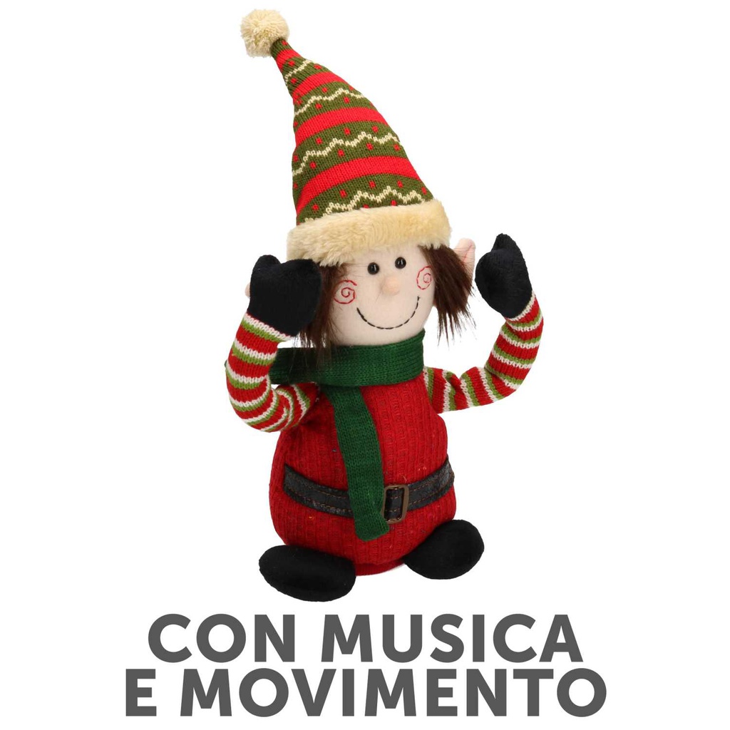 Pupazzo tessuto elfo rosso con musica emovimento cm12x12h40