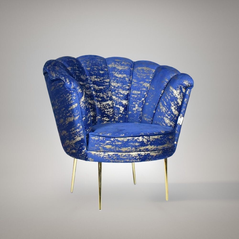 Poltrona Orel in velluto blu con fantasia oro Arya Gold 24 bordo blu e piedini oro H76xL70xP70