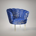Poltrona Orel in velluto blu con fantasia oro Arya Gold 24 bordo blu e piedini oro H76xL70xP70