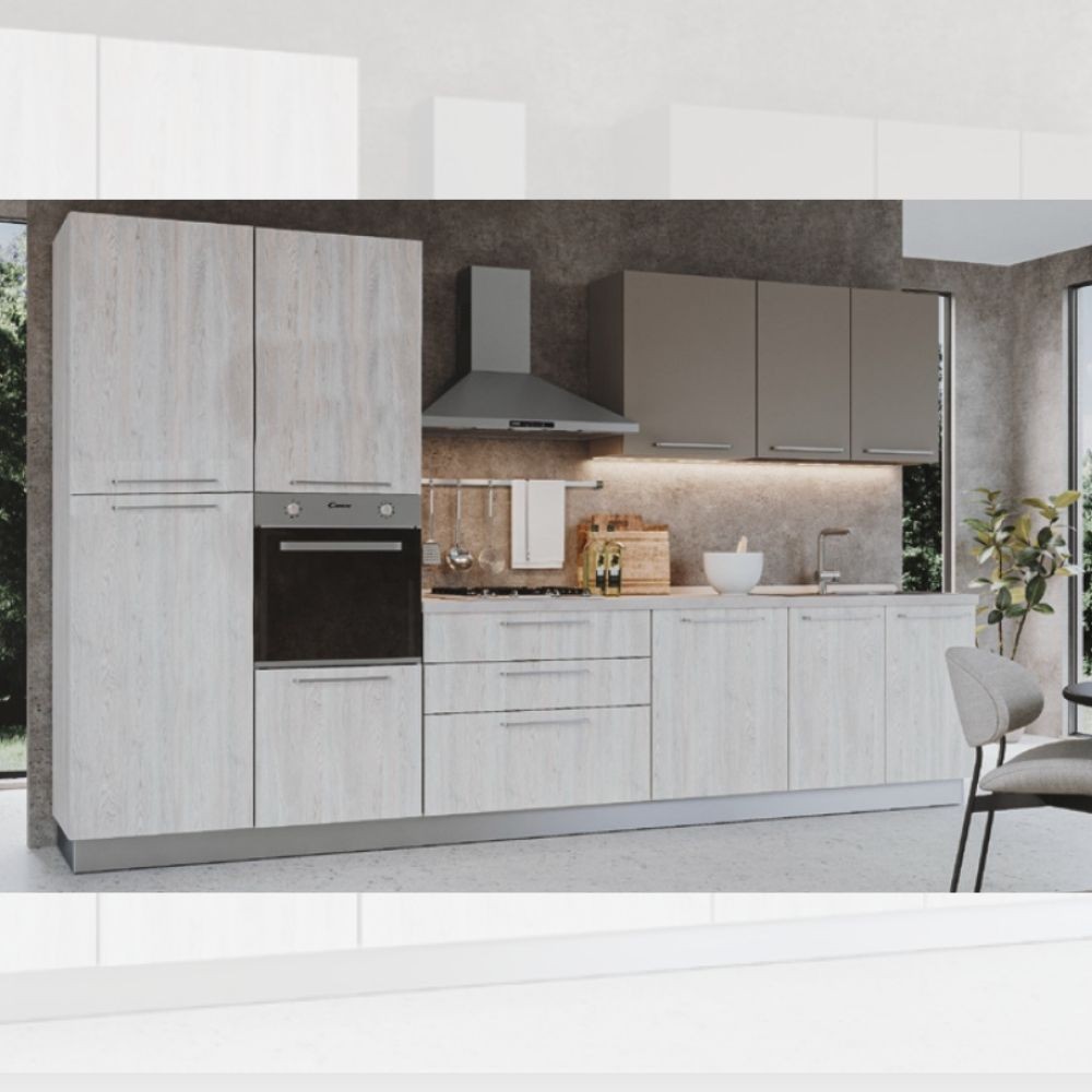 Cucina 360 x 60 cm rovere tortora con elettrodomestici