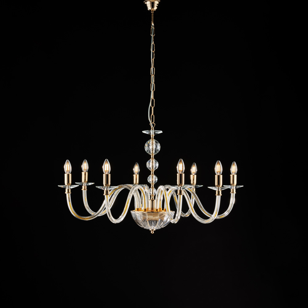 Lampadario oro con vetro e strass 8 luci 56x96
