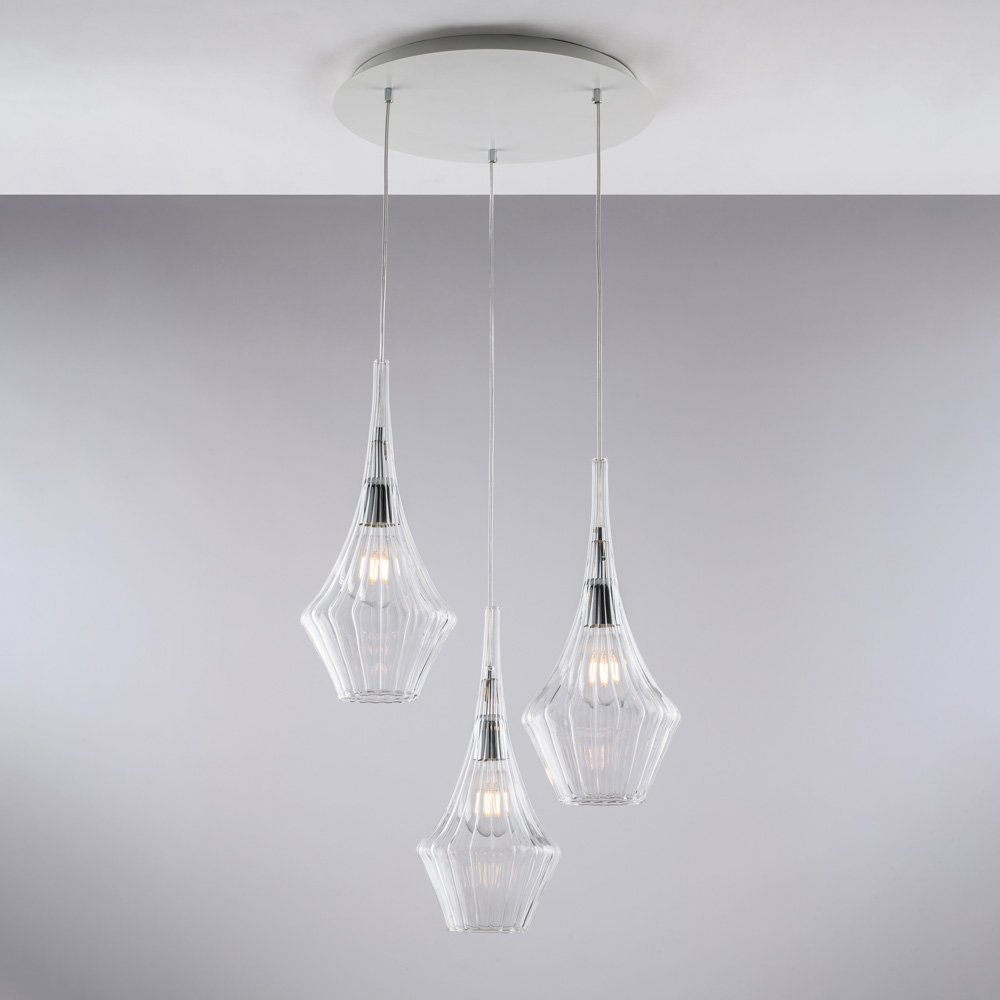 Sospensione in ferro con vetri pyrex 3 luci 50x49