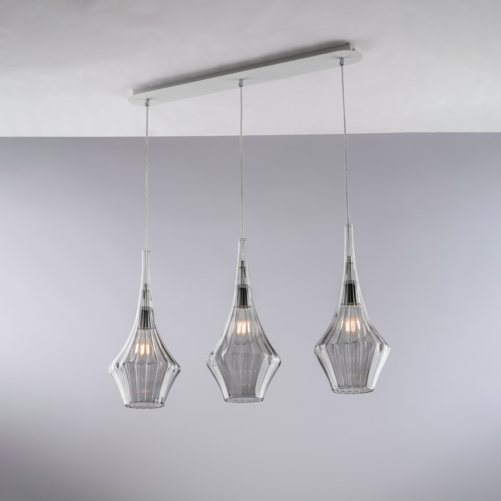 Lampadario in ferro con vetri grigi 75x10x49