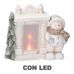 [V6147380000] Camino resina con pupazzo di neve led bianco cm27x12h23