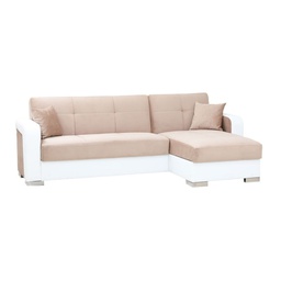 [FZ84112] Divano letto ecolpelle bianco e tessuto beige con penisola a destra 240x140xh.88 cm