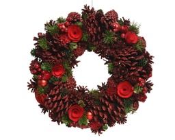[20102585] Ghirlanda Natalizia con Pigne Schiuma Plastica Bacche di Legno Palline PLC Fiori di Legno e Glitter H 8.5 x Ø 34 cm