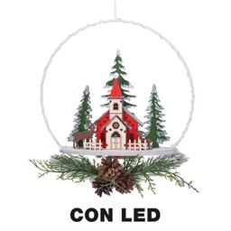 [V6317230000] Ghirlanda metallo led con chiesa rosso cm25x7x47,5
