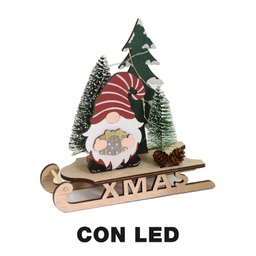 [V6329510000] Gnomo legno su slitta led rosso cm18x7h18,5