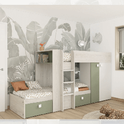 [FZ98420] Letto a castello 1268 bianco vintage e verde con armadio e cassetti