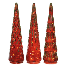 [20035641] Mini alberi in vetro H35 cm rossi con 15 led Assortiti