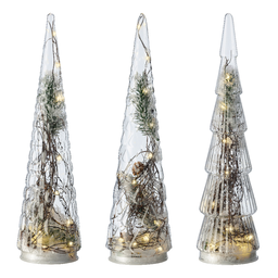 [20035634] Mini alberi in vetro H35 cm trasparenti con 15 led Assortiti