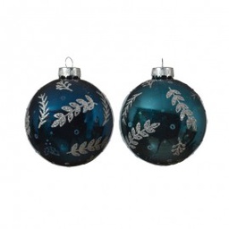 [19974375] Pallina sfera natalizia in vetro con foglie glitterate Blu 8 cm pz 1
