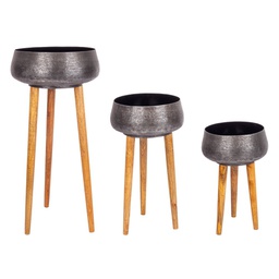 [B0182959] Set 3 porta vaso treppiede nero in legno e alluminio stile classico