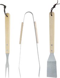 [2012352] Set di 3 Attrezzi per Barbecue in Acciaio e Legno - Spatola, Pinza e Forchettone - Dimensioni 35 x 6.8 x 1.5 cm, 35 x 9.5 x 2.5 cm, 35 x 2.2 x 1.5 cm